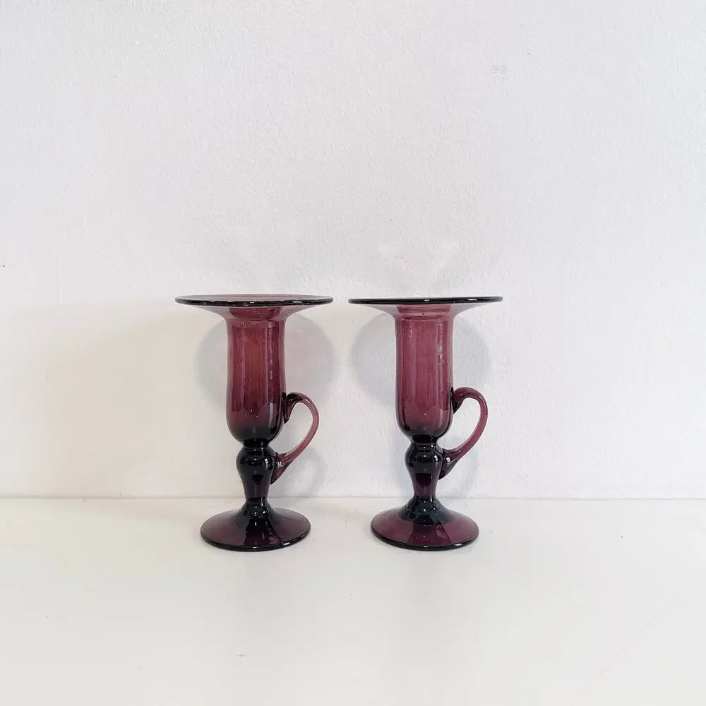 VTG LA VERRERIE DE BIOT FRENCH AMETHYST BUBBLE BLOWN GLASS PAIR CANDLE HOLDERS